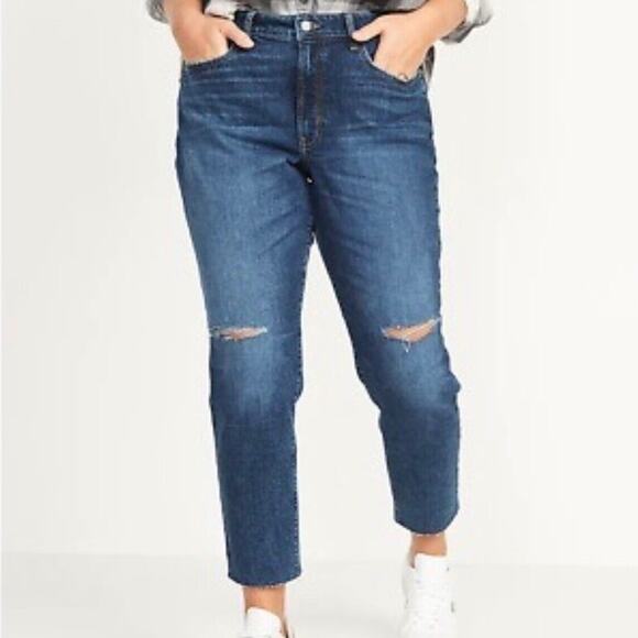 Old Navy Plus 18 Jeans O.G. Straight High Rise Busted Knees Raw Hem Primrose - Picture 1 of 15